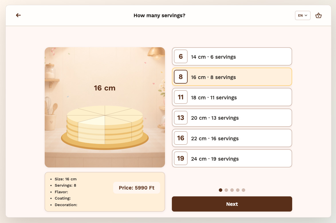 Cake Creator step 1 — size and servings selection