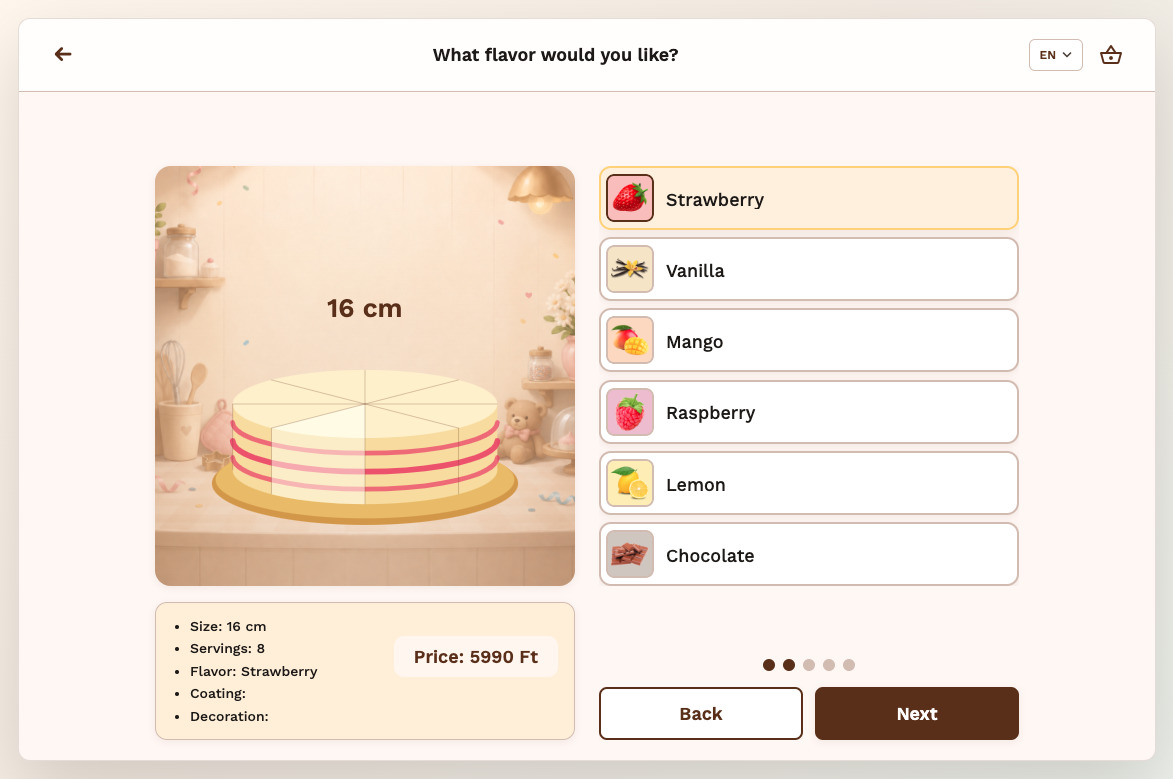 Cake Creator step 2 — flavor and coating selection
