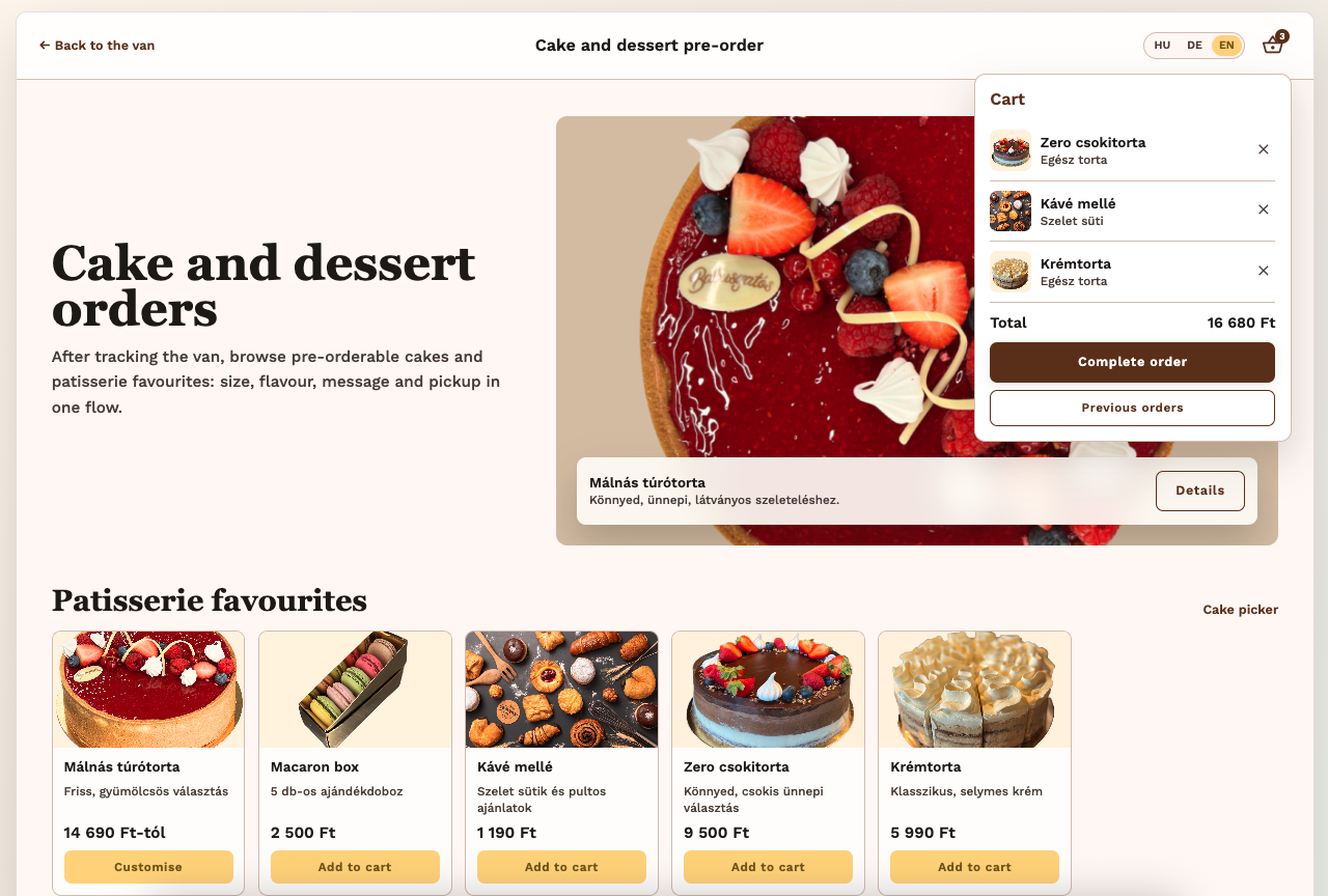 Pre-order product grid with cart overlay open