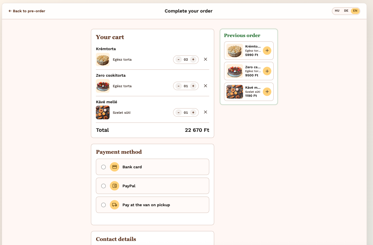 Checkout cart with quantity controls and previous order panel