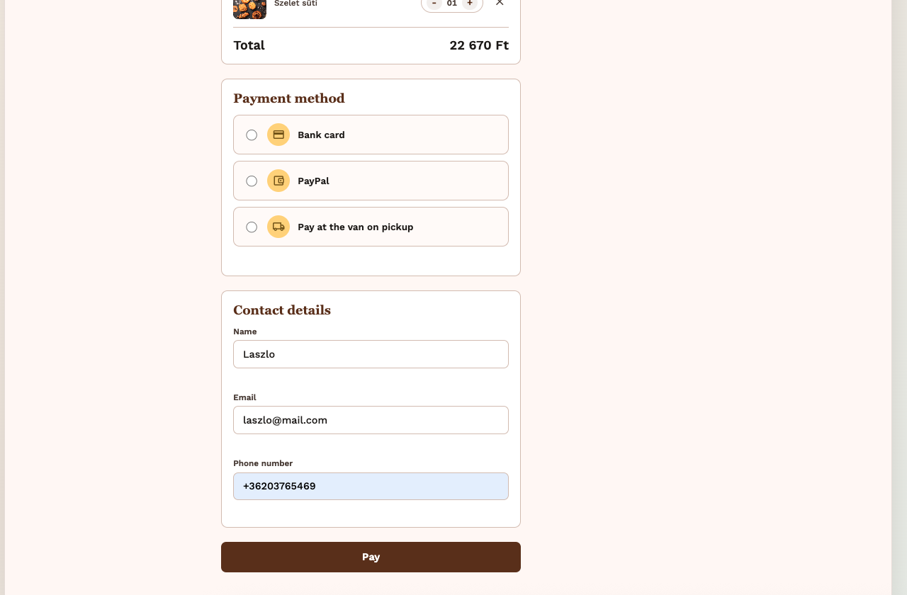 Checkout payment method selection and contact details