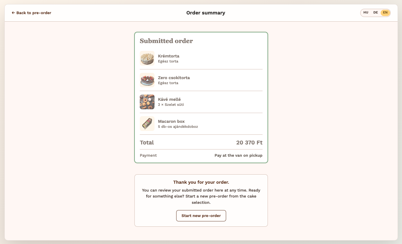 Submitted order summary for post-checkout review